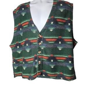 VTG Santana Vest Size Large Green Aztec Print Button Front Western Boho